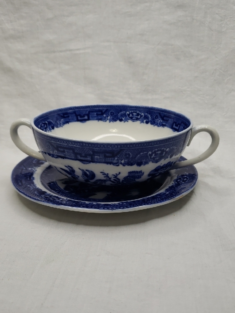 Antique Allertons Blue Willow Ceramic Bouillon Cup Saucer Transferware England